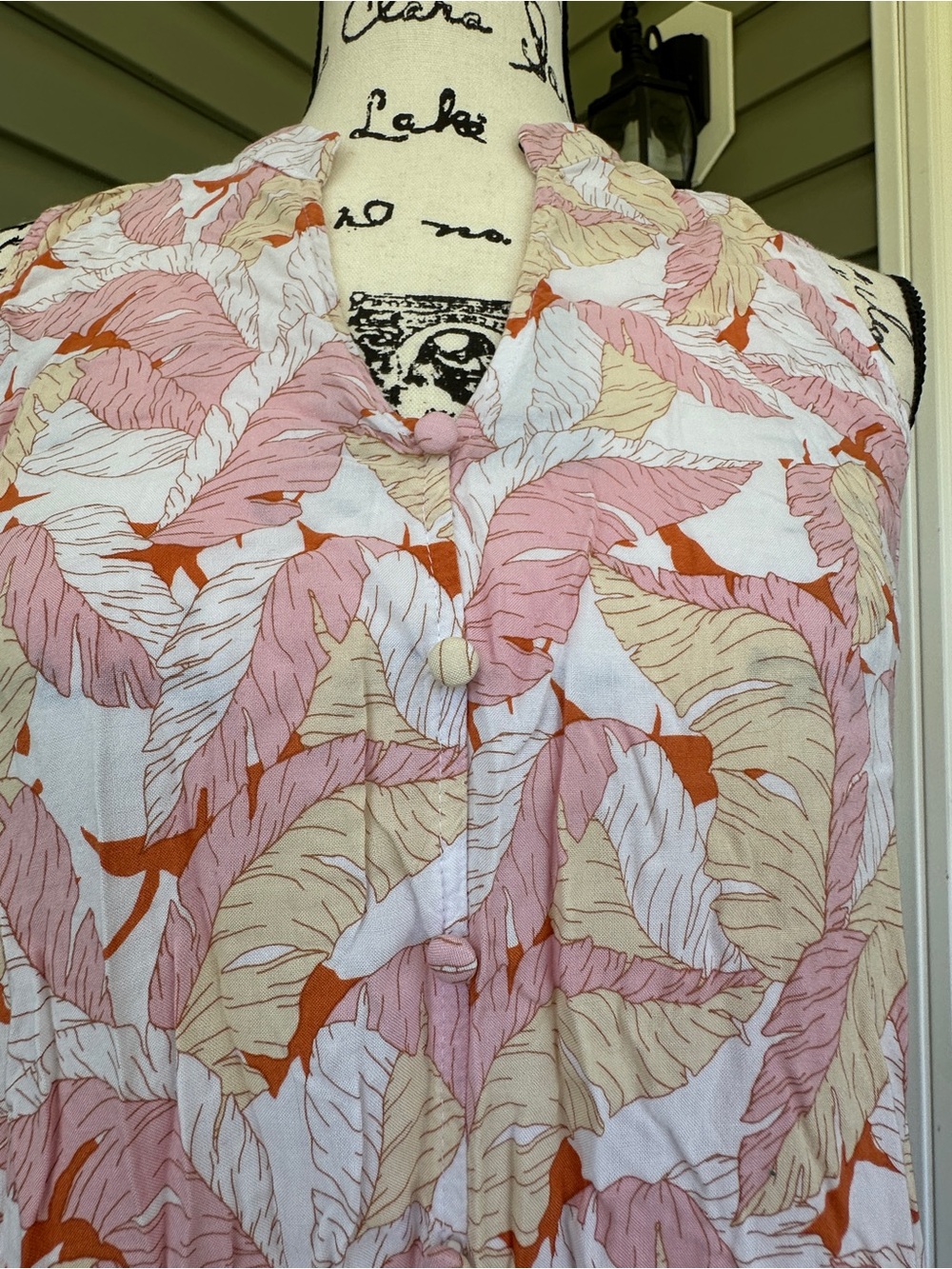 Nine West Pink, Cream & Orange Leaf-Print ruffled Summer Dress size L very cute - Picture 2 of 11
